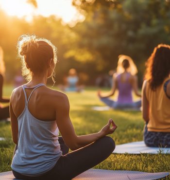 Women practicing meditation in a serene park setting during sunset yoga class Groups of women are seated on yoga mats, engaging in meditation under the warm glow of the setting sun in a peaceful park environment, enhancing relaxation and mindfulness.