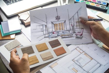 Architect designer Interior creative working hand drawing sketch Architect designer Interior creative working hand drawing sketch plan blue print selection material color samples art tools Design Studio