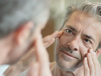 Portrait of mature handsome man looking in mirror at home Portrait of mature handsome man looking in mirror at home