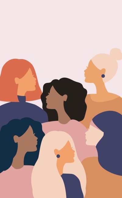 woman social network community. group of multi ethnic racial women who talk and share ideas, information. communication and friendship between women of diverse cultures. vector female silhouette